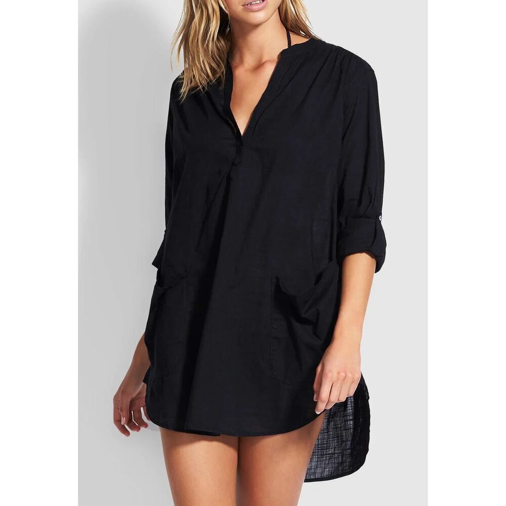 Seafolly Boyfriend Beach Shirt 100% Cotton Black NEW XS Black Swim Coverup